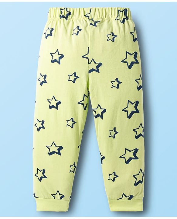 Babyhug Cotton Knit Full Sleeves T-Shirt & Pyjama Co-ord Night Suit With Star Print - Lime Green