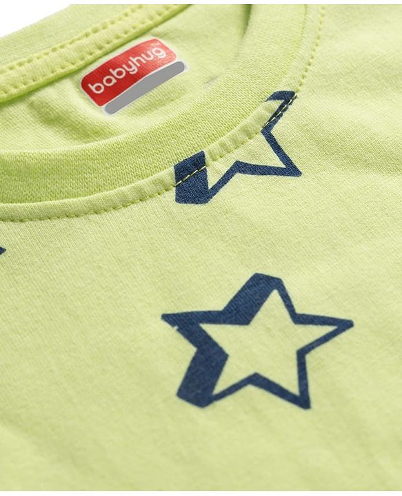 Babyhug Cotton Knit Full Sleeves T-Shirt & Pyjama Co-ord Night Suit With Star Print - Lime Green