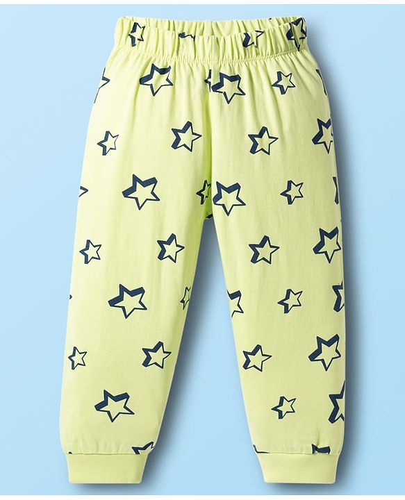 Babyhug Cotton Knit Full Sleeves T-Shirt & Pyjama Co-ord Night Suit With Star Print - Lime Green