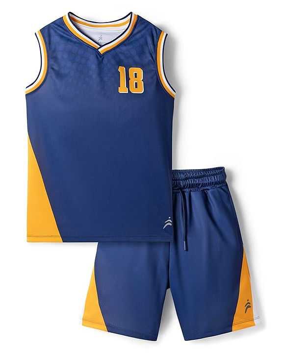 Pine Active Knit Sleeveless Athleisure T-Shirt & Shorts With 18 Number Print - Navy Blue