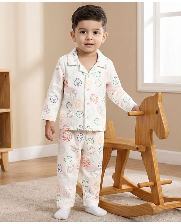 Babyhug 100% Cotton Knit Full Sleeves Shirt & Pyjama Co-ord Night Suit With Animal Print - White