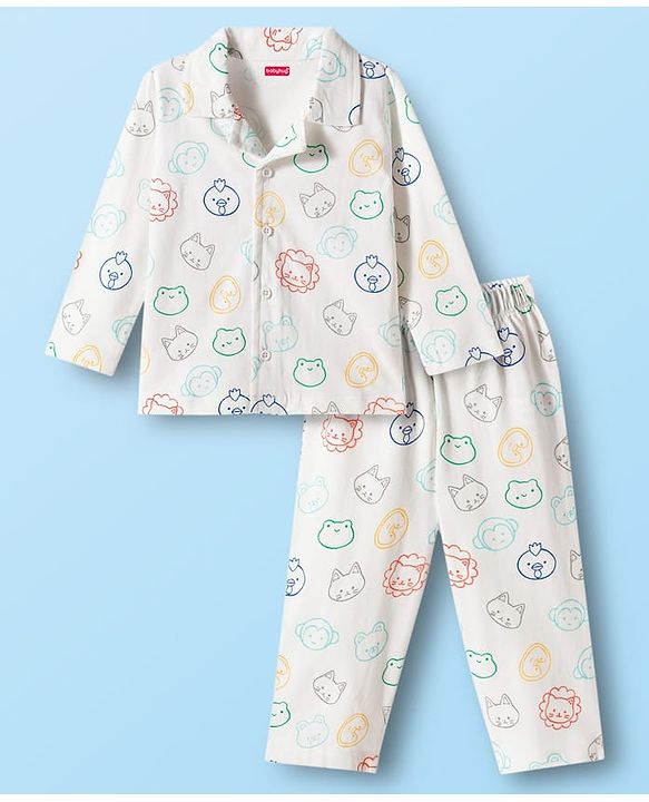 Babyhug 100% Cotton Knit Full Sleeves Shirt & Pyjama Co-ord Night Suit With Animal Print - White