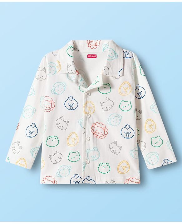 Babyhug 100% Cotton Knit Full Sleeves Shirt & Pyjama Co-ord Night Suit With Animal Print - White