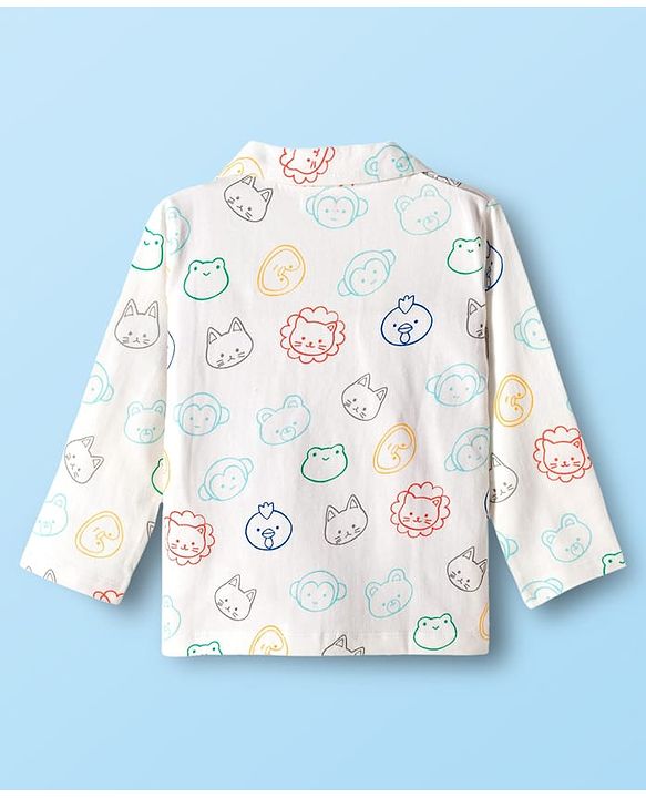 Babyhug 100% Cotton Knit Full Sleeves Shirt & Pyjama Co-ord Night Suit With Animal Print - White