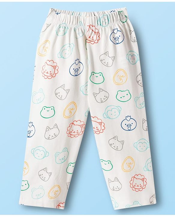 Babyhug 100% Cotton Knit Full Sleeves Shirt & Pyjama Co-ord Night Suit With Animal Print - White
