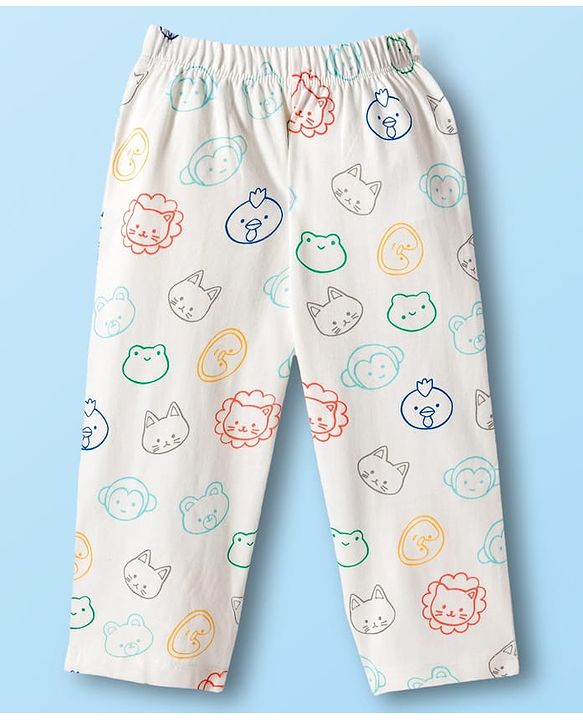 Babyhug 100% Cotton Knit Full Sleeves Shirt & Pyjama Co-ord Night Suit With Animal Print - White