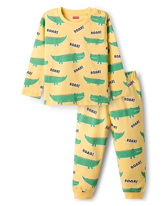 Babyhug Cotton Knit Full Sleeves T-Shirt & Pyjama Co-ord Night Suit With Crocodile Print - Yellow