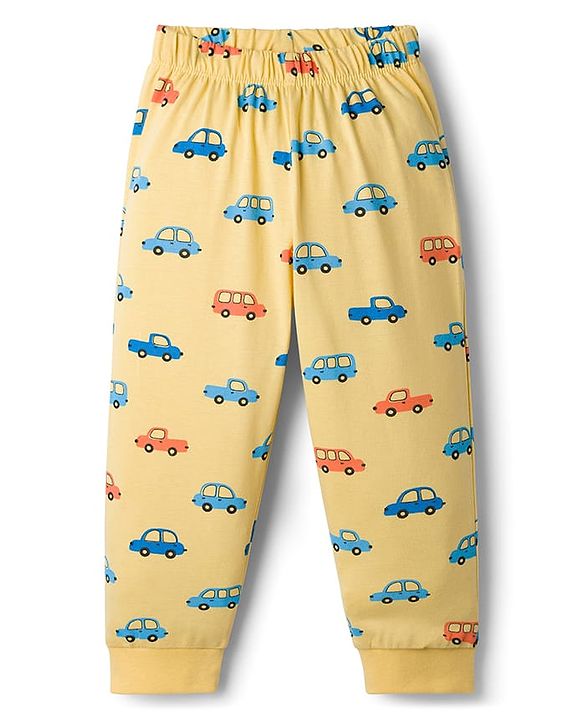 Babyhug Cotton Knit Full Sleeves T-Shirt & Pyjama Co-ord Night Suit With Car Print - Yellow