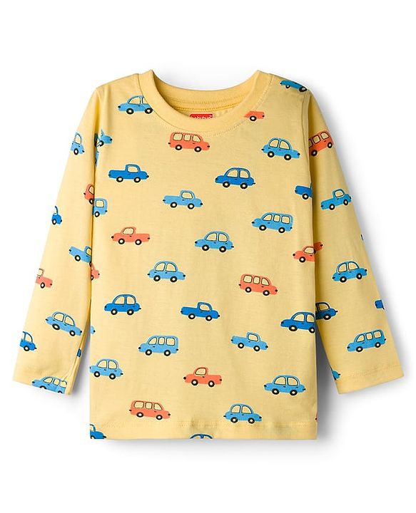 Babyhug Cotton Knit Full Sleeves T-Shirt & Pyjama Co-ord Night Suit With Car Print - Yellow