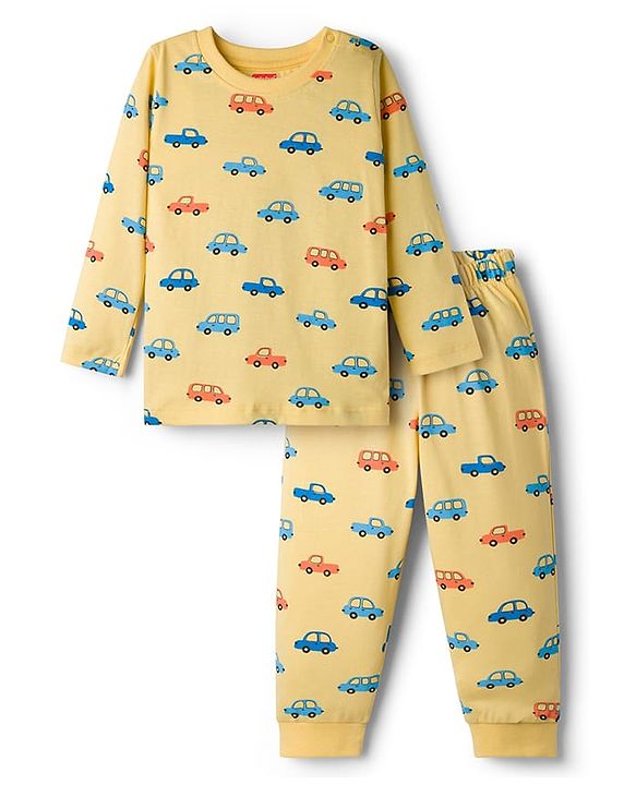 Babyhug Cotton Knit Full Sleeves T-Shirt & Pyjama Co-ord Night Suit With Car Print - Yellow