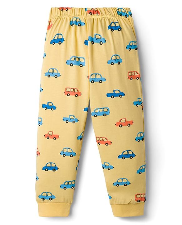 Babyhug Cotton Knit Full Sleeves T-Shirt & Pyjama Co-ord Night Suit With Car Print - Yellow