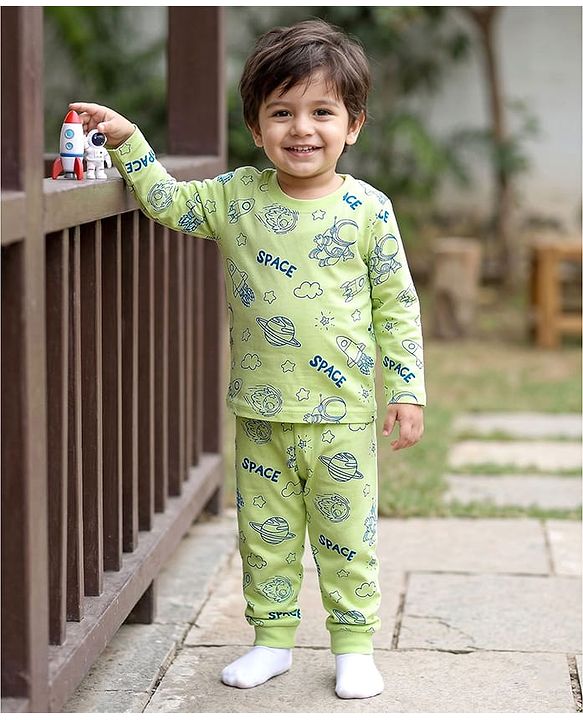 Babyhug Cotton Knit Full Sleeves T-Shirt & Pyjama Co-ord Night Suit With Space Theme Print - Green