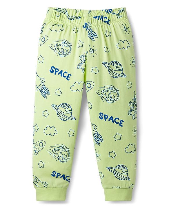 Babyhug Cotton Knit Full Sleeves T-Shirt & Pyjama Co-ord Night Suit With Space Theme Print - Green