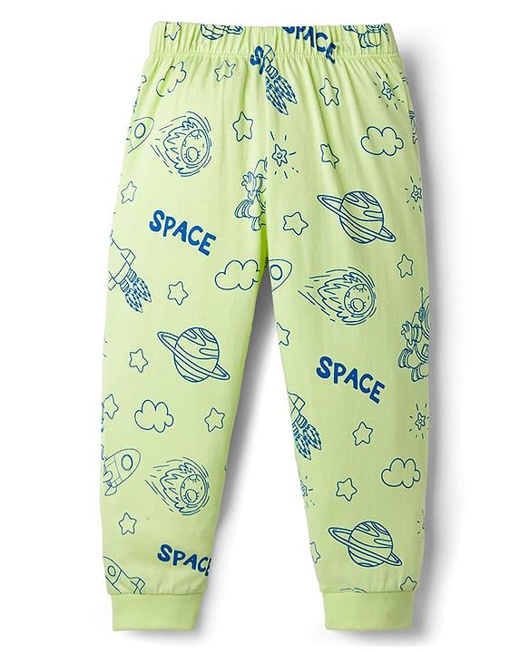 Babyhug Cotton Knit Full Sleeves T-Shirt & Pyjama Co-ord Night Suit With Space Theme Print - Green