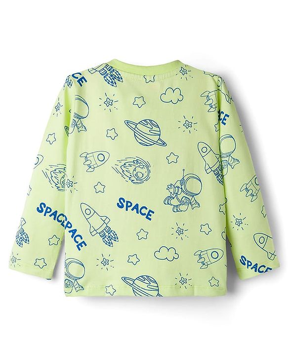 Babyhug Cotton Knit Full Sleeves T-Shirt & Pyjama Co-ord Night Suit With Space Theme Print - Green