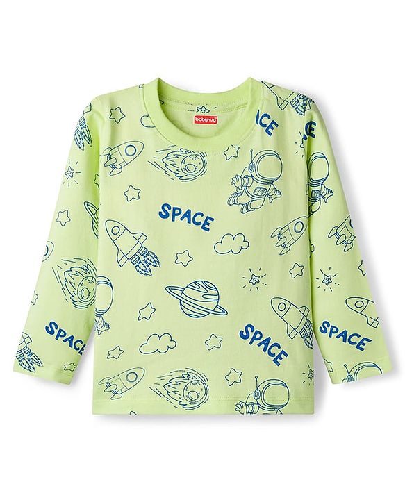 Babyhug Cotton Knit Full Sleeves T-Shirt & Pyjama Co-ord Night Suit With Space Theme Print - Green