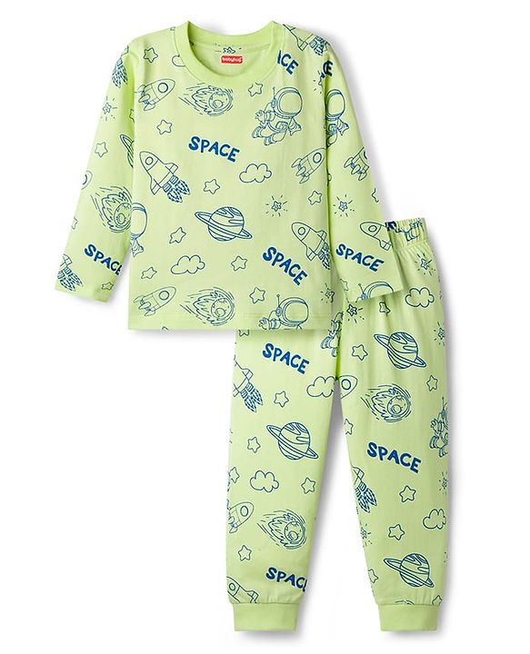 Babyhug Cotton Knit Full Sleeves T-Shirt & Pyjama Co-ord Night Suit With Space Theme Print - Green