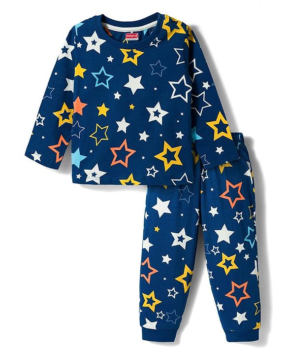 Babyhug Cotton Knit Full Sleeves T-Shirt & Pyjama Co-ord Night Suit with Star Print - Navy Blue