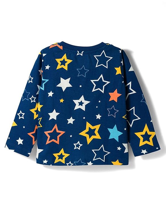 Babyhug Cotton Knit Full Sleeves T-Shirt & Pyjama Co-ord Night Suit with Star Print - Navy Blue