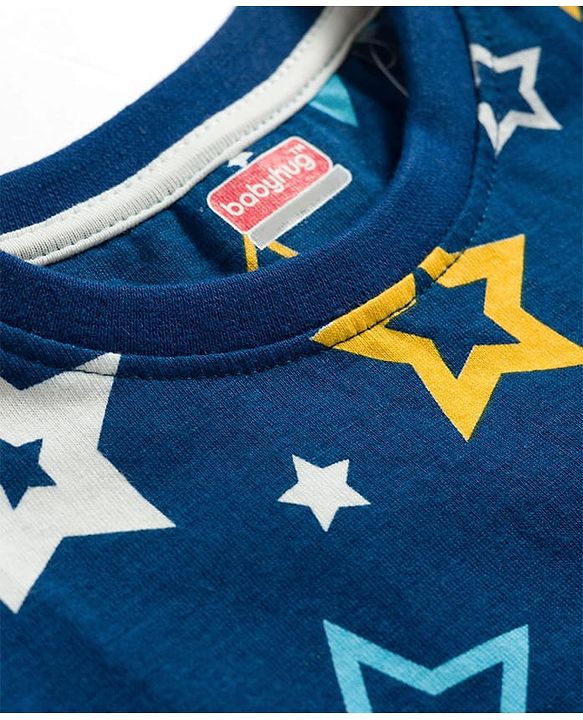 Babyhug Cotton Knit Full Sleeves T-Shirt & Pyjama Co-ord Night Suit with Star Print - Navy Blue