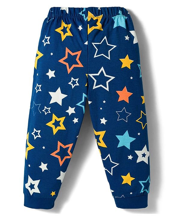 Babyhug Cotton Knit Full Sleeves T-Shirt & Pyjama Co-ord Night Suit with Star Print - Navy Blue