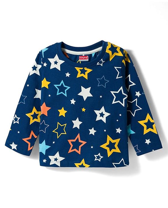 Babyhug Cotton Knit Full Sleeves T-Shirt & Pyjama Co-ord Night Suit with Star Print - Navy Blue