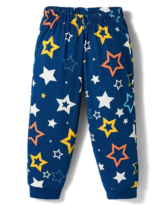Babyhug Cotton Knit Full Sleeves T-Shirt & Pyjama Co-ord Night Suit with Star Print - Navy Blue