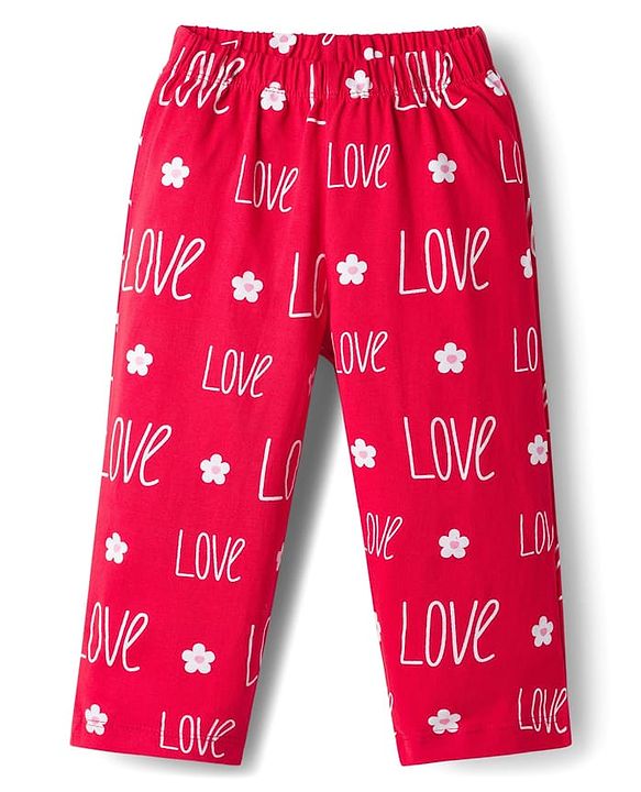 Babyhug Cotton Knit Full Sleeves Co-ords T-Shirt & Pajama Night Suit with Love Print - Red