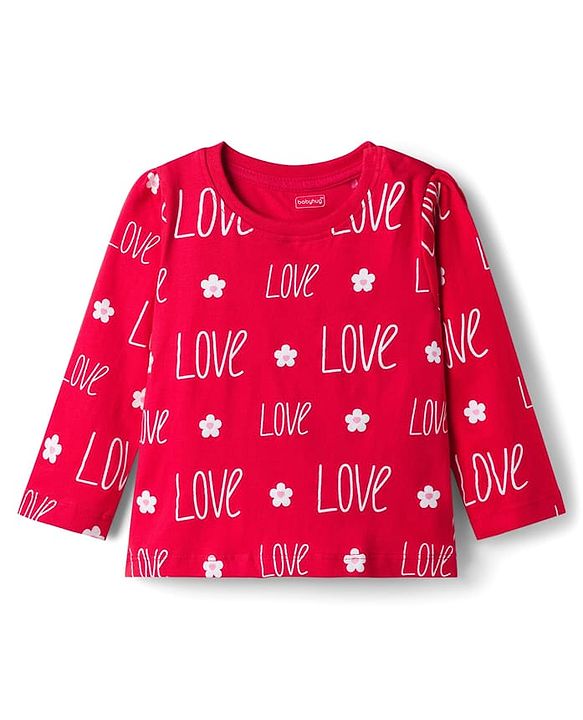 Babyhug Cotton Knit Full Sleeves Co-ords T-Shirt & Pajama Night Suit with Love Print - Red