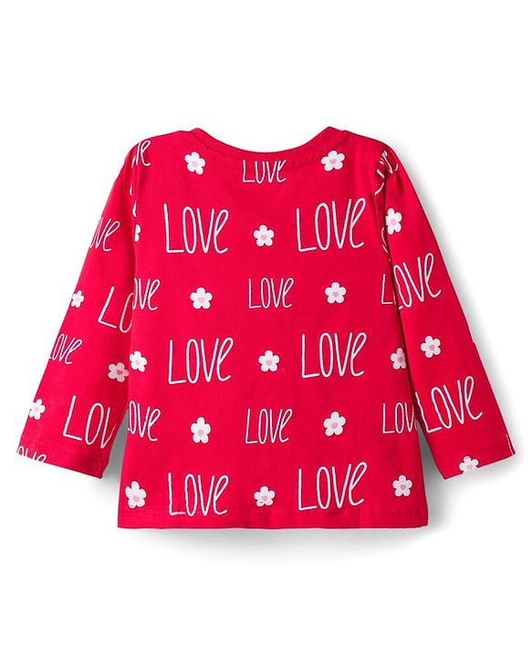 Babyhug Cotton Knit Full Sleeves Co-ords T-Shirt & Pajama Night Suit with Love Print - Red