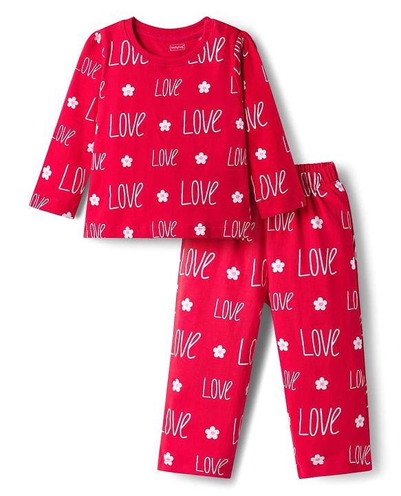 Babyhug Cotton Knit Full Sleeves Co-ords T-Shirt & Pajama Night Suit with Love Print - Red