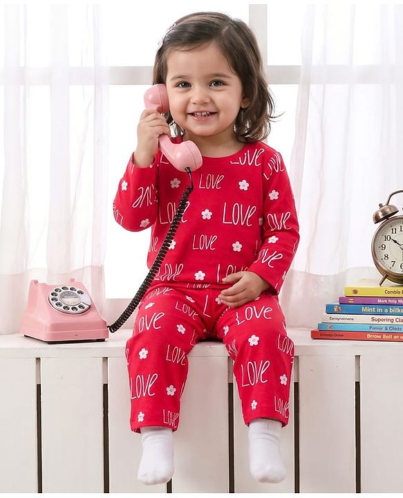 Babyhug Cotton Knit Full Sleeves Co-ords T-Shirt & Pajama Night Suit with Love Print - Red