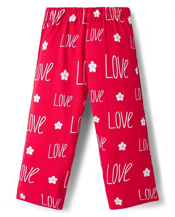 Babyhug Cotton Knit Full Sleeves Co-ords T-Shirt & Pajama Night Suit with Love Print - Red