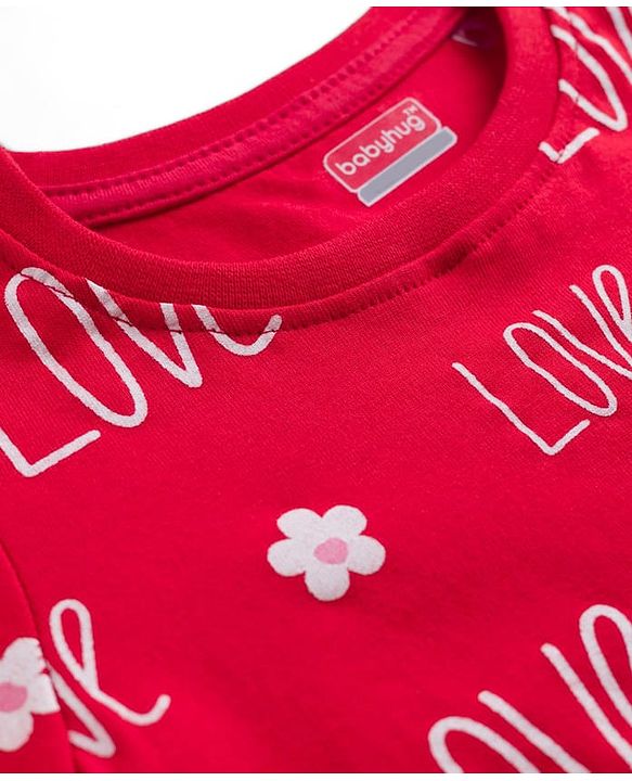 Babyhug Cotton Knit Full Sleeves Co-ords T-Shirt & Pajama Night Suit with Love Print - Red