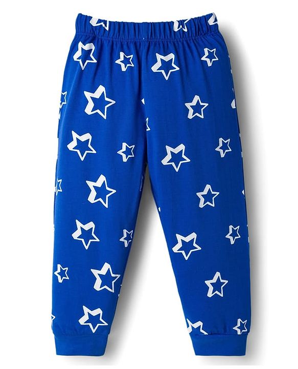 Babyhug Cotton Knit Full Sleeves Co-ords T-Shirt & Pajama Night Suit with Star Print - Navy Blue
