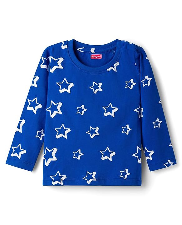 Babyhug Cotton Knit Full Sleeves Co-ords T-Shirt & Pajama Night Suit with Star Print - Navy Blue