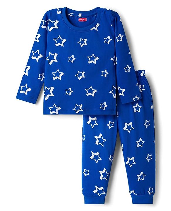 Babyhug Cotton Knit Full Sleeves Co-ords T-Shirt & Pajama Night Suit with Star Print - Navy Blue