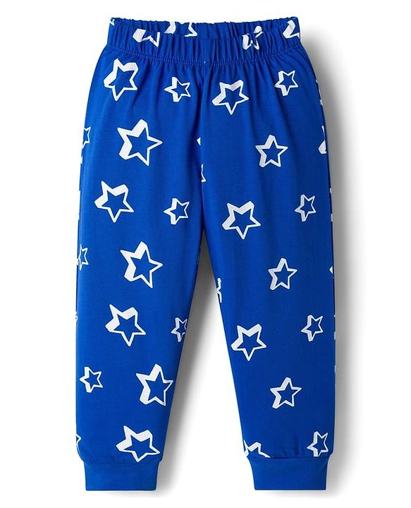 Babyhug Cotton Knit Full Sleeves Co-ords T-Shirt & Pajama Night Suit with Star Print - Navy Blue