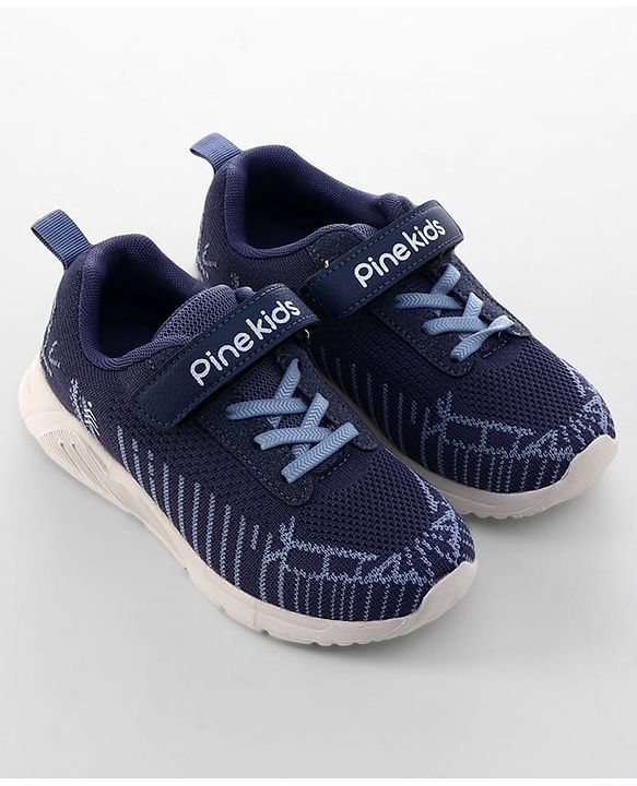 Pine Kids Velcro Closure Text & Striped Design Sneaker Shoes - Navy Blue