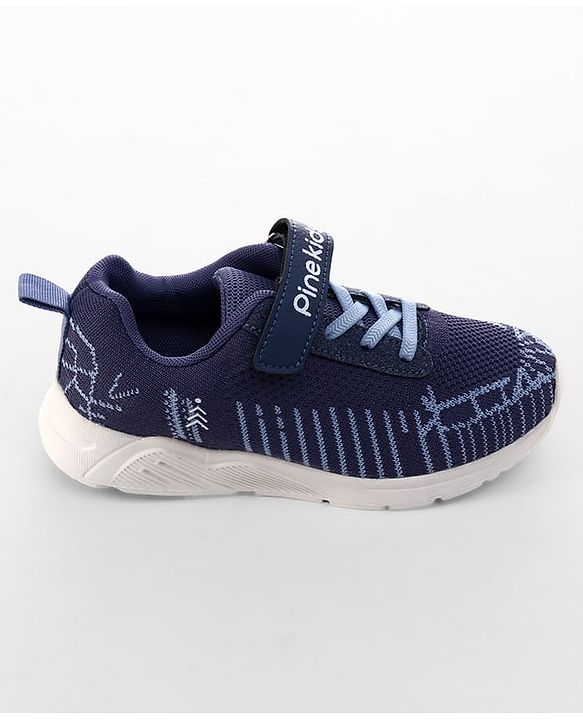 Pine Kids Velcro Closure Text & Striped Design Sneaker Shoes - Navy Blue