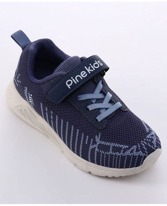 Pine Kids Velcro Closure Text & Striped Design Sneaker Shoes - Navy Blue
