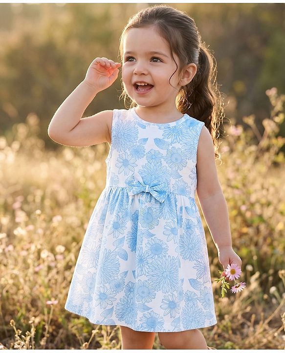 Babyhug Single Jersey Knit Sleeveless Frock with Floral Print & Bow Applique - Multicolor