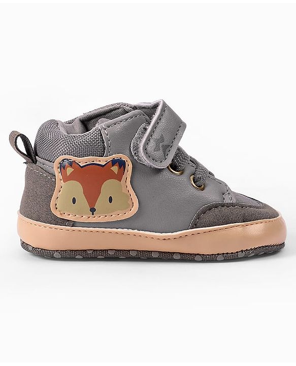 Cute Walk by Babyhug Velcro Closure Booties with Fox Patch -  Grey