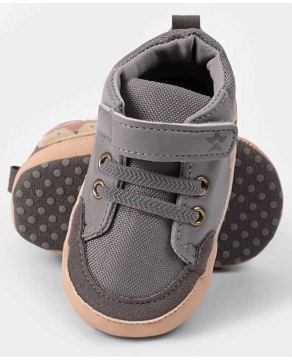 Cute Walk by Babyhug Velcro Closure Booties with Fox Patch -  Grey