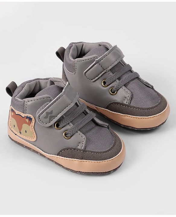 Cute Walk by Babyhug Velcro Closure Booties with Fox Patch -  Grey
