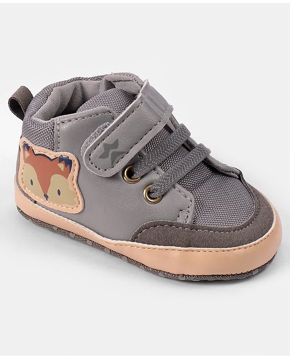 Cute Walk by Babyhug Velcro Closure Booties with Fox Patch -  Grey