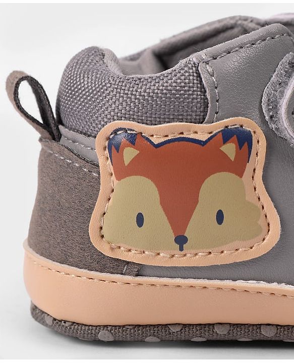 Cute Walk by Babyhug Velcro Closure Booties with Fox Patch -  Grey