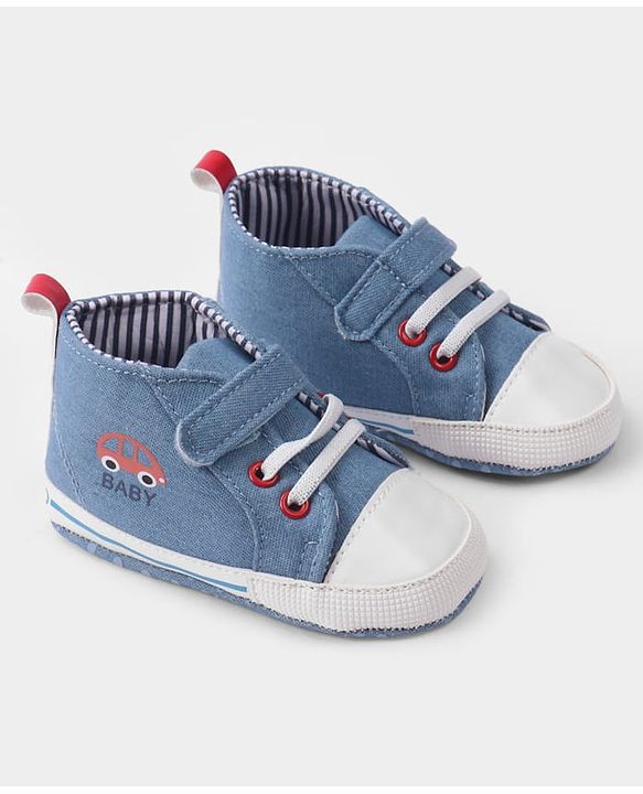 Cute Walk by Babyhug Velcro Closure Booties with Car Print- Sky Blue