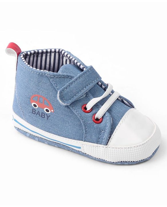 Cute Walk by Babyhug Velcro Closure Booties with Car Print- Sky Blue