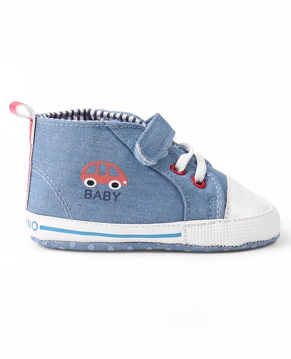 Cute Walk by Babyhug Velcro Closure Booties with Car Print- Sky Blue